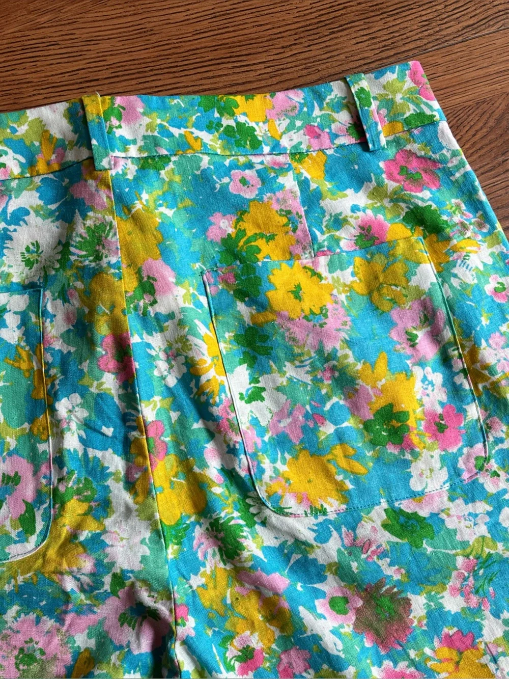 Zara Turquoise Floral linen-blend pants with Pink & Yellow Accents
